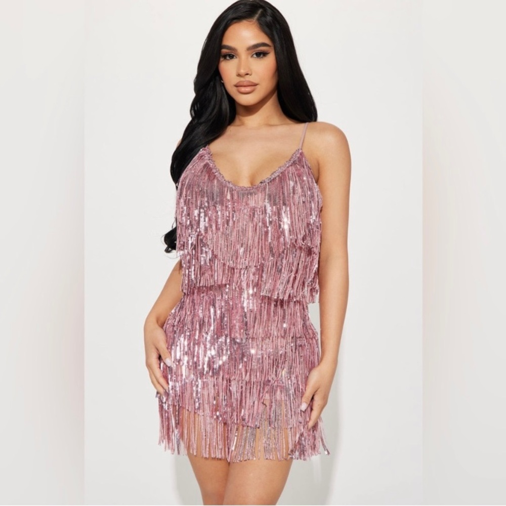 Pink Sequin Fringe Dress Size L